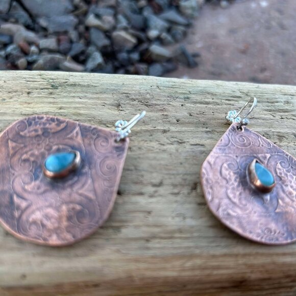Copper and Sterling Silver, Larimar Statement Earrings - Picture 1 of 5